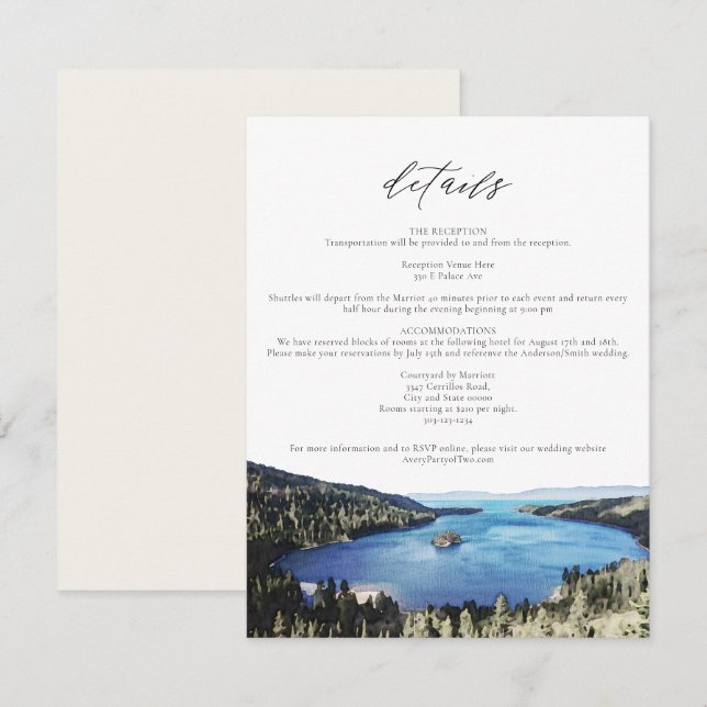Watercolor Lake Tahoe Wedding Details Card (Front/Back)
