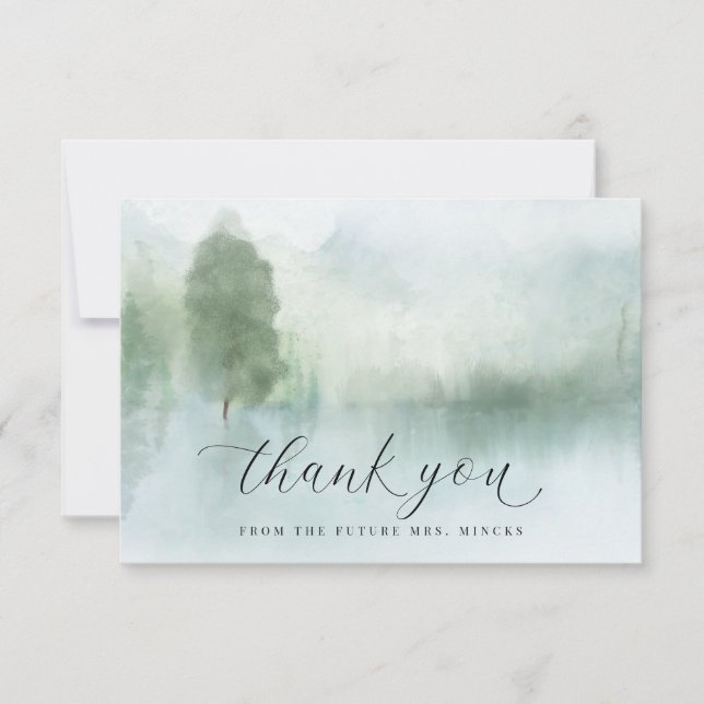 Watercolor Lake Trees Mountains Bridal Shower Thank You Card (Front)