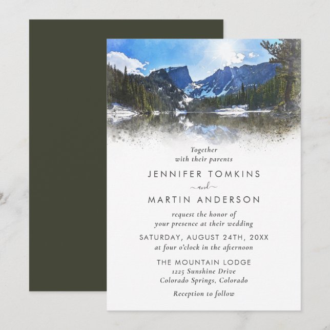 Watercolor Lakeside Mountain Wedding Invitations (Front/Back)