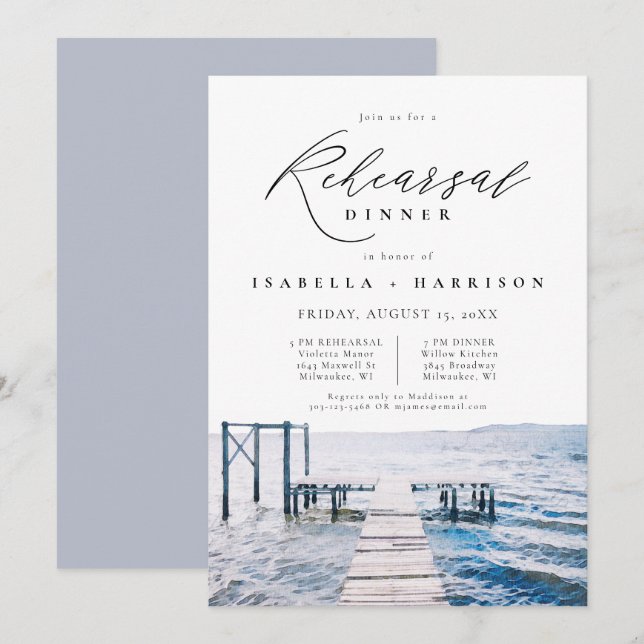 Watercolor Lakeside Wedding Rehearsal Dinner Invitation (Front/Back)