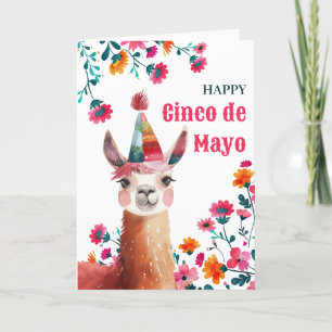 Watercolor Lama Fuchsia Floral Happy Cinco de Mayo Holiday Card