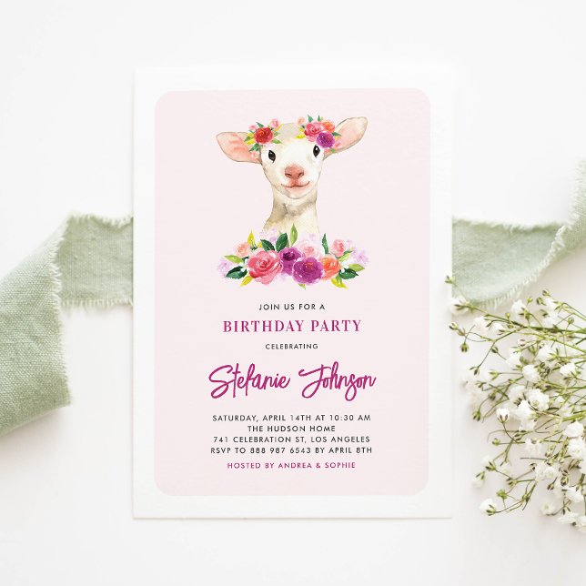 Watercolor Lamb and Purple Flowers Birthday Party Invitation (Creator Uploaded)