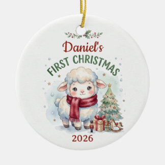 Watercolor Lamb Baby First Christmas Custom Ceramic Tree Decoration
