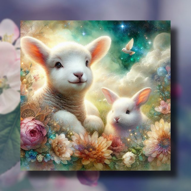 Watercolor Lamb Bunny  Flowers Religious Easter Holiday Card (Creator Uploaded)