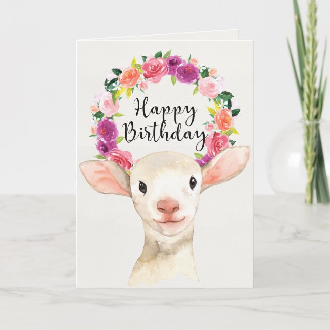 Watercolor Lamb Happy Birthday Card (Front)