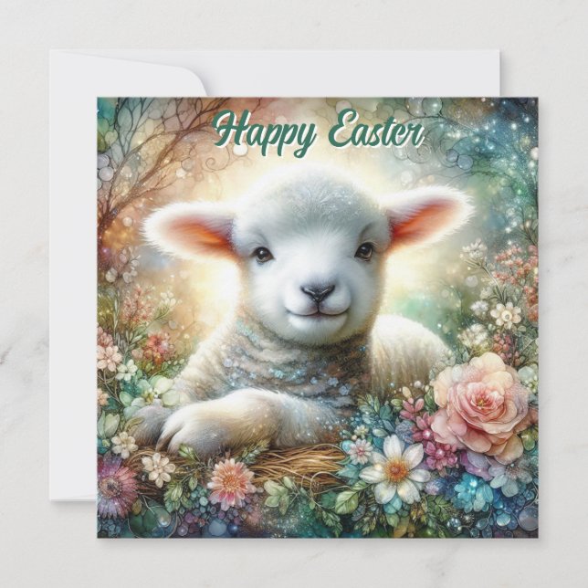 Watercolor Lamb Pastel Floral Religious Easter  Holiday Card (Front)