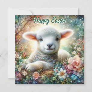 Watercolor Lamb Pastel Floral Religious Easter  Holiday Card