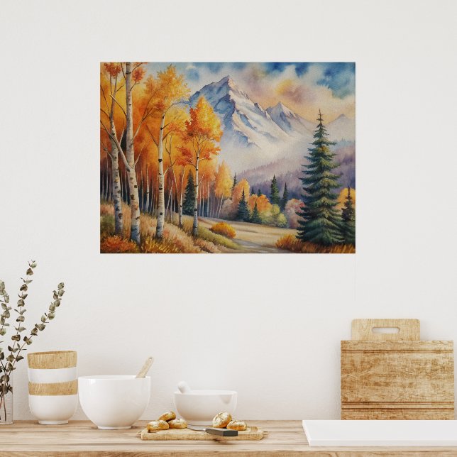 Watercolor Landscape Autumn Forest with Mountain Poster (Kitchen)