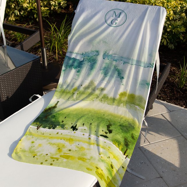 Watercolor Landscape Blue Green Yellow Monogram Beach Towel (Creator Uploaded)