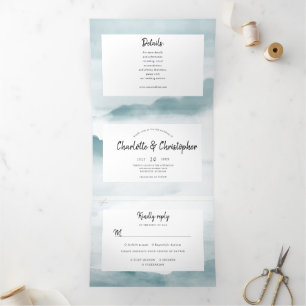 Watercolor landscape blush blue all in one wedding Tri-Fold invitation