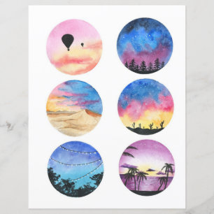 Watercolor landscape circle to cut out and collage