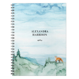 Watercolor Landscape Cute Fox Woodland Nature Blue Notebook