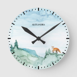 Watercolor Landscape Cute Fox Woodland Nature Name Round Clock