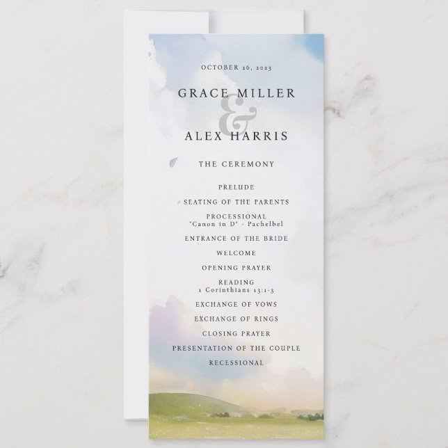 Watercolor landscape dreamy clouds wedding program invitation (Front)