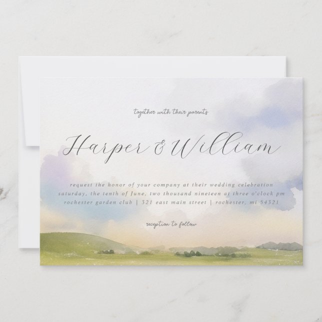 Watercolor landscape horisontal wedding invitation (Front)