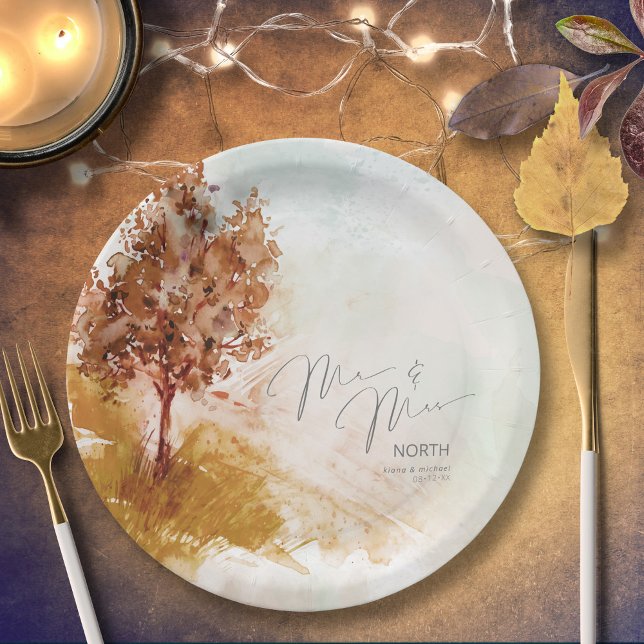 Watercolor Landscape Mr & Mrs Autumn Gold ID786 Paper Plate (Creator Uploaded)