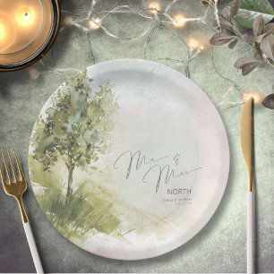 Watercolor Landscape Mr & Mrs Sage Green ID786 Paper Plate