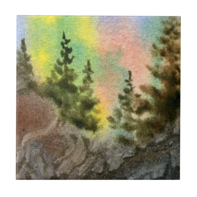 Watercolor landscape nocturnal Pine Tree Tile (Front)