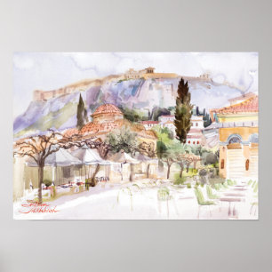 Watercolor landscape of Athens, Greece. Art Poster