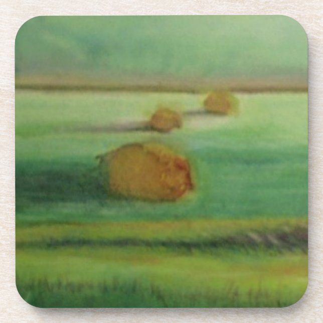 Watercolor landscape painting green meadow coaster (Front)
