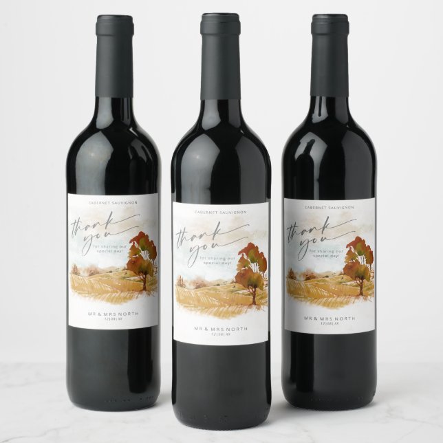 Watercolor Landscape Thank You Autumn Gold ID786 Wine Label (Bottles)