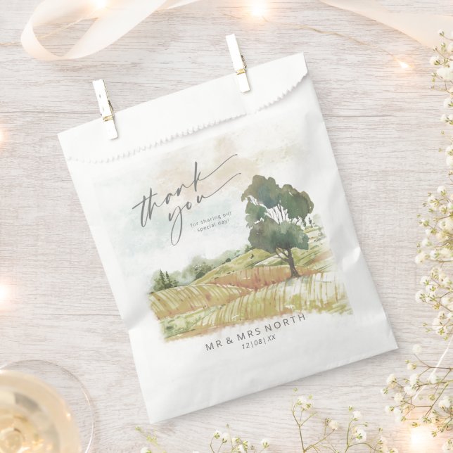 Watercolor Landscape Thank You Sage Green ID786 Favour Bags (Clipped)