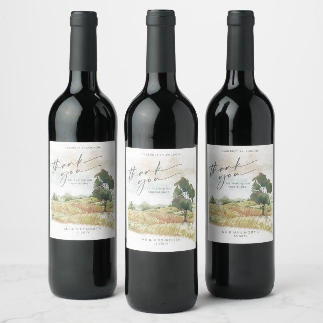 Watercolor Landscape Thank You Sage Green ID786 Wine Label (Bottles)