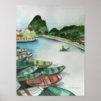 Watercolor landscape, Vietnam, Tam Coc Poster