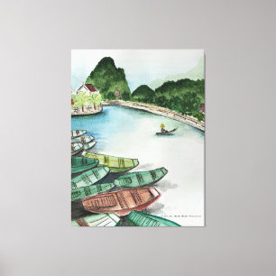 Watercolor landscape, Vietnam, Tam Coc Poster Flye Canvas Print