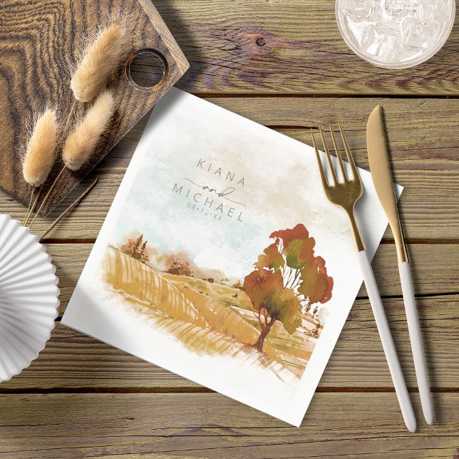Watercolor Landscape Wedding Autumn Gold ID786 Napkin (Creator Uploaded)