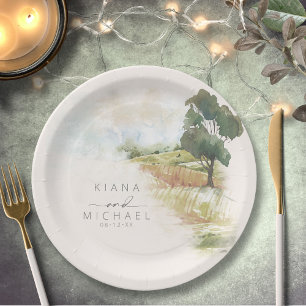 Watercolor Landscape Wedding Sage Green ID786 Paper Plate