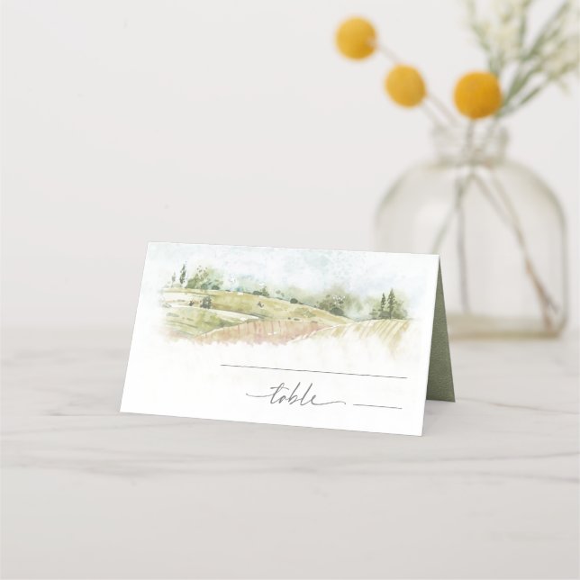 Watercolor Landscape Wedding Sage Green ID786 Place Card (Front)