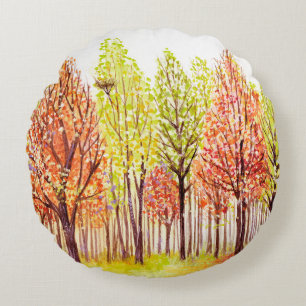Watercolor landscape with autumn trees round cushion