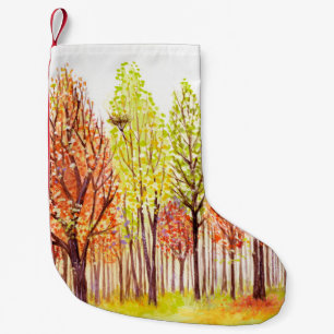 Watercolor landscape with autumn trees small christmas stocking