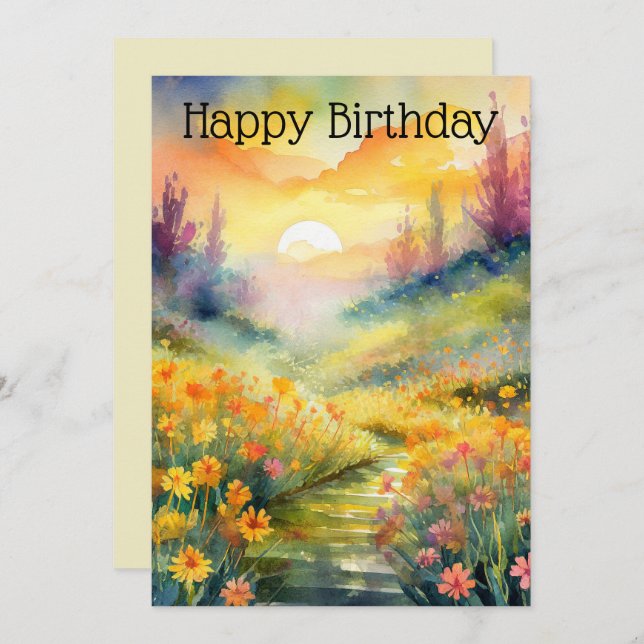 Watercolor Landscape with Buttercups and Sunset Holiday Card (Front/Back)