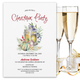 Watercolor Lantern and Baubles Christmas Party Invitation