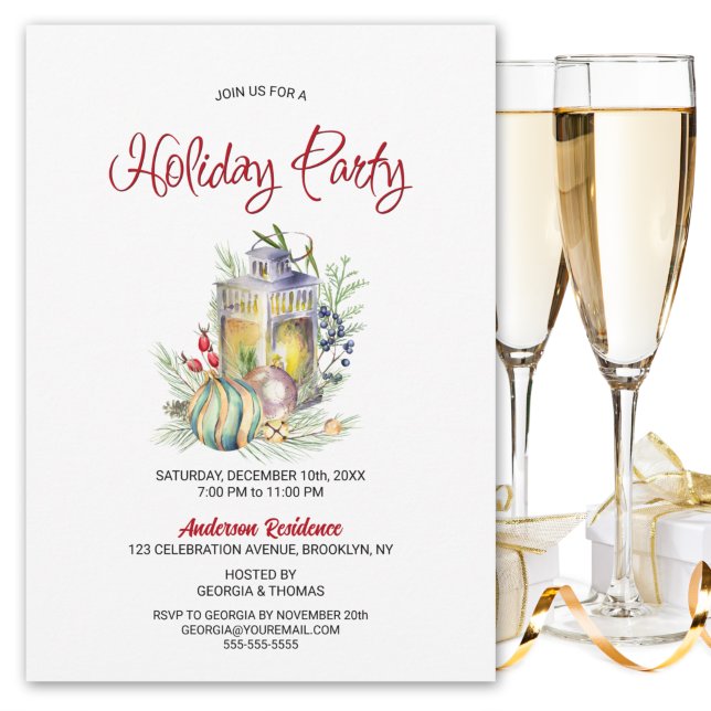 Watercolor Lantern and Baubles Holiday Party Invitation (Creator Uploaded)