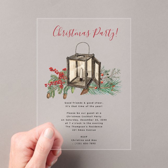 Watercolor Lantern Pine Berries Christmas Party Acrylic Invitations (Insitu (Handheld))