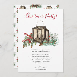 Watercolor Lantern Pine Berries Christmas Party Invitation