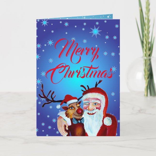 Watercolor Laughing Santa Claus Rudolf Smiling Card (Front)