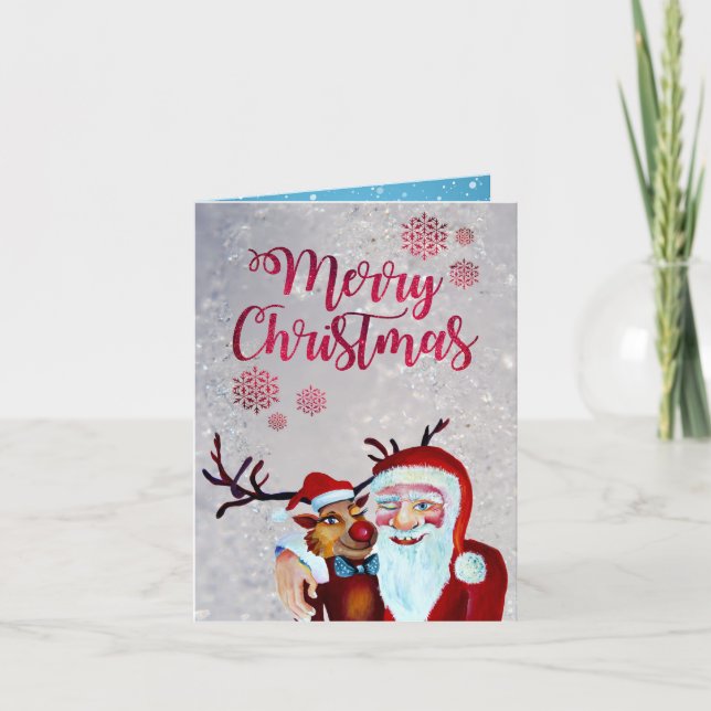 Watercolor Laughing Santa Claus Rudolf Smiling Card (Front)