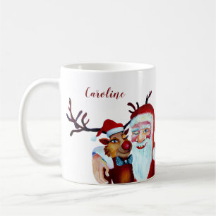 Watercolor Laughing Santa Claus Rudolf Smiling Cof Coffee Mug