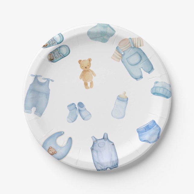 Watercolor Laundry Blue Baby Shower  Paper Plate (Front)