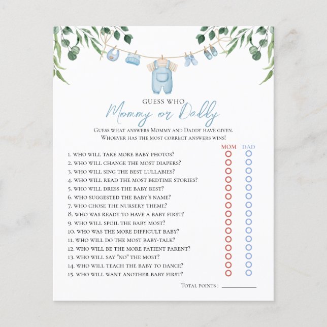 Watercolor Laundry Blue Greenery Baby Shower Game (Front)
