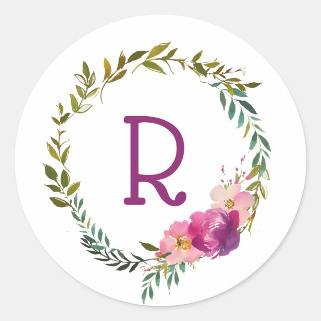 Watercolor Laurel and Flower Monogram Wreath Classic Round Sticker (Front)