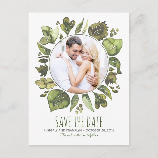 Watercolor Laurel Greenery Photo Save the Date Announcement Postcard (Front)
