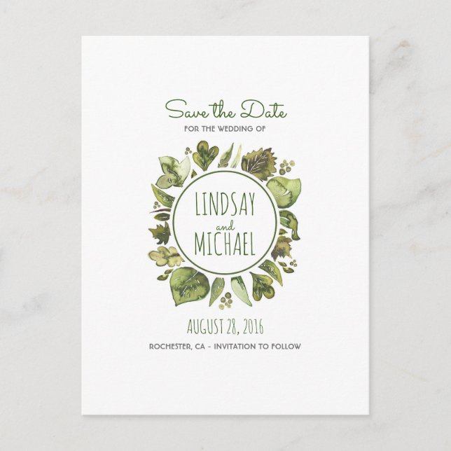 Watercolor Laurel - Greenery Wreath Save the Date Announcement Postcard (Front)