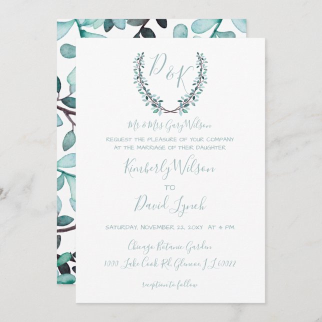 Watercolor Laurel Leave Monogram Wedding Invitation (Front/Back)