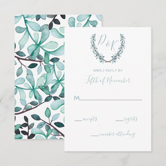 Watercolor Laurel Leave Monogram Wedding RSVP Card (Front/Back)