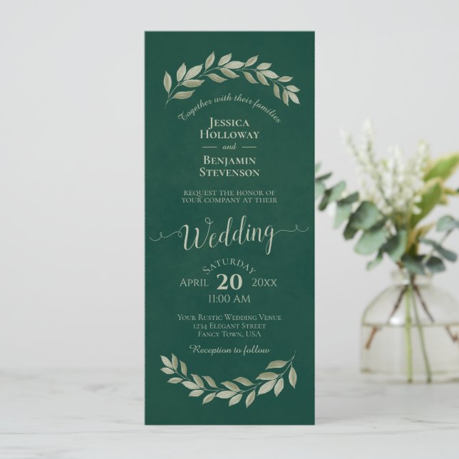 Watercolor Laurel Leaves on Emerald Green Wedding Invitation (Standing Front)